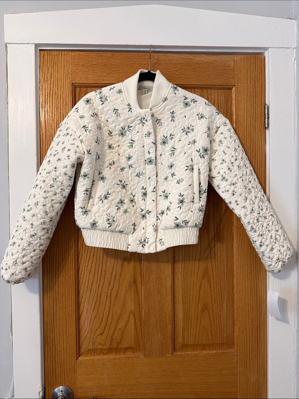 Women's Quilted Floral Bomber Jacket - Cream with Green Print